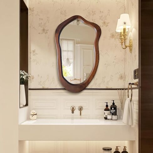 Irregular Wall Mirror 40"x24", Walnut Asymmetrical Mirror, Wood Bathroom Mirrors Wall Mounted, Wall Mirrors Decorative for Living Room, Bedroom, Bathroom, Hallway, Entryway in Saudi Arabia