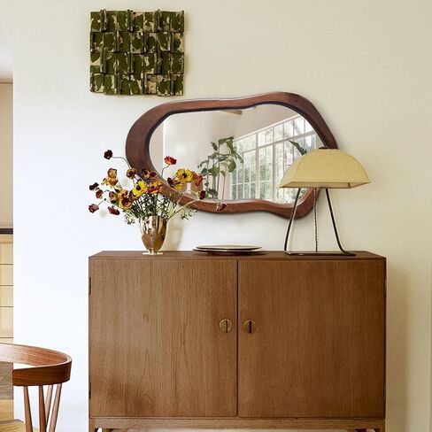 Irregular Wall Mirror 40"x24", Walnut Asymmetrical Mirror, Wood Bathroom Mirrors Wall Mounted, Wall Mirrors Decorative for Living Room, Bedroom, Bathroom, Hallway, Entryway in Saudi Arabia
