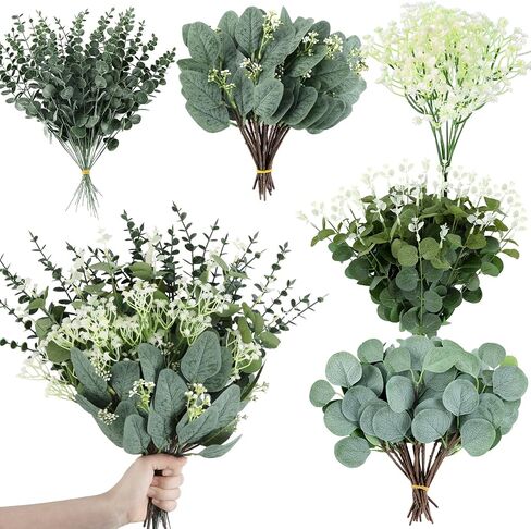 Consevisen 120 Pcs Eucalyptus Stems Artificial Flowers, 5 Kinds Mixed Faux Eucalyptus Leaves Greenery Stems Bulk for Wedding Bouquet, Table Centerpieces, Vase Floral Arrangements, Farmhouse Home Decor in Saudi Arabia