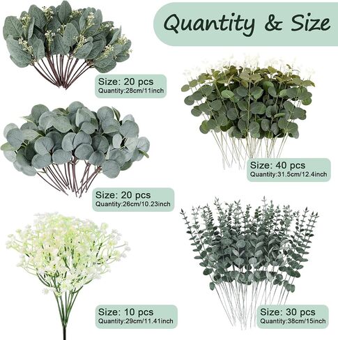 Consevisen 120 Pcs Eucalyptus Stems Artificial Flowers, 5 Kinds Mixed Faux Eucalyptus Leaves Greenery Stems Bulk for Wedding Bouquet, Table Centerpieces, Vase Floral Arrangements, Farmhouse Home Decor in Saudi Arabia
