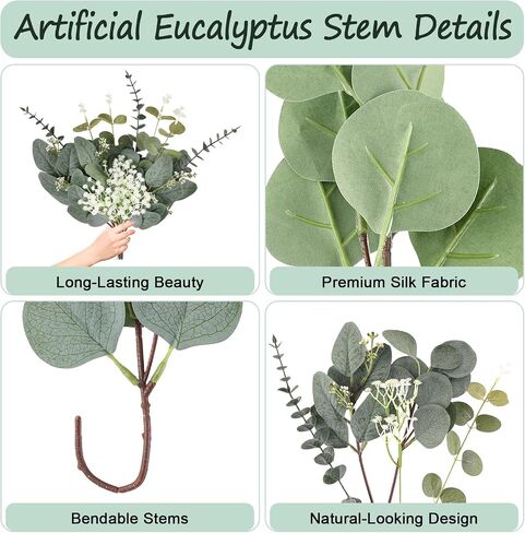 Consevisen 120 Pcs Eucalyptus Stems Artificial Flowers, 5 Kinds Mixed Faux Eucalyptus Leaves Greenery Stems Bulk for Wedding Bouquet, Table Centerpieces, Vase Floral Arrangements, Farmhouse Home Decor in Saudi Arabia
