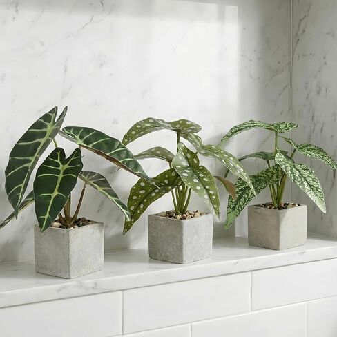 3pcs Small Fake Plants Artificial Begonia Leaves Faux Plants Indoor for Office Desk Shelf Bathroom Home Decor (3Pcs White Green) in Saudi Arabia