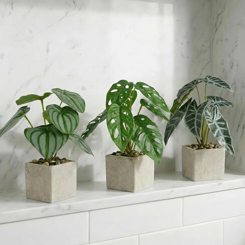 3pcs Small Fake Plants Artificial Begonia Leaves Faux Plants Indoor for Office Desk Shelf Bathroom Home Decor (3Pcs White Green) in Saudi Arabia
