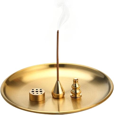 Brass Incense Holder for Sticks with Ash Catcher, 4-in-1 Stackable Incense Burner Holder, 5.5 Inch Round Tray, 9 Holes Insert for Meditation Yoga Home Decor in Kuwait