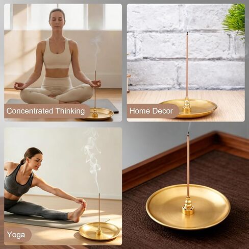 Brass Incense Holder for Sticks with Ash Catcher, 4-in-1 Stackable Incense Burner Holder, 5.5 Inch Round Tray, 9 Holes Insert for Meditation Yoga Home Decor in Kuwait