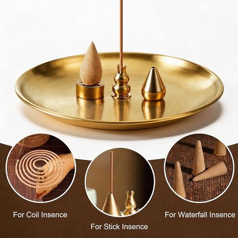 Brass Incense Holder for Sticks with Ash Catcher, 4-in-1 Stackable Incense Burner Holder, 5.5 Inch Round Tray, 9 Holes Insert for Meditation Yoga Home Decor in Kuwait