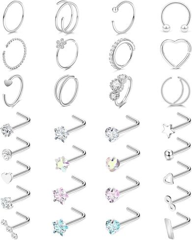 Hypoallergenic Nose Rings for Women - 20G Surgical Stainless Steel Nose Ring Hoops CZ Screw L Shaped Nose Studs Clear Pink Blue CZ Moon Heart Star Nose Piercings Jewelry for Women Men 30PCS Pack in Saudi Arabia