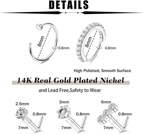 Hypoallergenic Nose Rings for Women - 20G Surgical Stainless Steel Nose Ring Hoops CZ Screw L Shaped Nose Studs Clear Pink Blue CZ Moon Heart Star Nose Piercings Jewelry for Women Men 30PCS Pack in Saudi Arabia