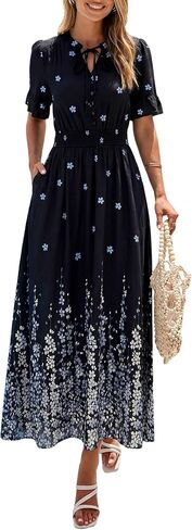 PRETTYGARDEN Women's Boho Floral Maxi Dress Summer 2026 Short Sleeve Tie V Neck Spring Wedding Guest Flowy Beach Sun Dresses in Kuwait