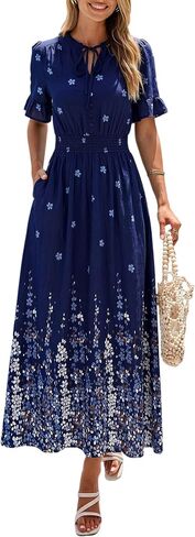 PRETTYGARDEN Women's Boho Floral Maxi Dress Summer 2026 Short Sleeve Tie V Neck Spring Wedding Guest Flowy Beach Sun Dresses in Kuwait
