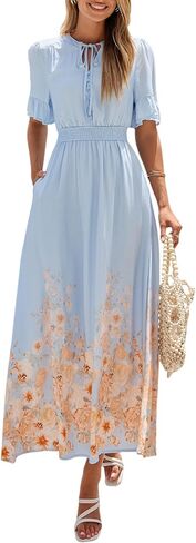 PRETTYGARDEN Women's Boho Floral Maxi Dress Summer 2026 Short Sleeve Tie V Neck Spring Wedding Guest Flowy Beach Sun Dresses in Kuwait