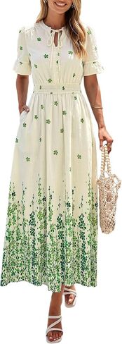 PRETTYGARDEN Women's Boho Floral Maxi Dress Summer 2026 Short Sleeve Tie V Neck Spring Wedding Guest Flowy Beach Sun Dresses in Kuwait