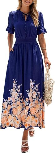PRETTYGARDEN Women's Boho Floral Maxi Dress Summer 2026 Short Sleeve Tie V Neck Spring Wedding Guest Flowy Beach Sun Dresses in Kuwait