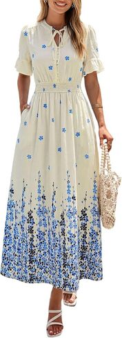PRETTYGARDEN Women's Boho Floral Maxi Dress Summer 2026 Short Sleeve Tie V Neck Spring Wedding Guest Flowy Beach Sun Dresses in Kuwait