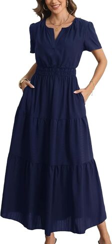 Rainday Womens Casual Maxi Dresses Fashion Holiday Short Sleeved Elastic Waist Beach Boho Dress with Pockets in Saudi Arabia
