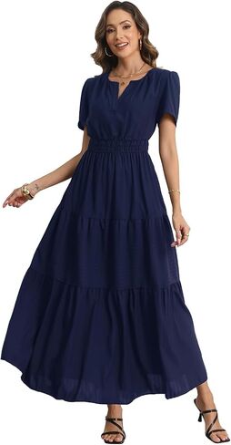 Rainday Womens Casual Maxi Dresses Fashion Holiday Short Sleeved Elastic Waist Beach Boho Dress with Pockets in Saudi Arabia