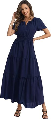 Rainday Womens Casual Maxi Dresses Fashion Holiday Short Sleeved Elastic Waist Beach Boho Dress with Pockets in Saudi Arabia