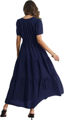 Rainday Womens Casual Maxi Dresses Fashion Holiday Short Sleeved Elastic Waist Beach Boho Dress with Pockets in Saudi Arabia