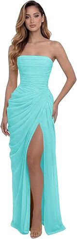 Strapless Ruched Prom Dress Long Chiffon Mermaid Formal Evening Gown with Slit in Saudi Arabia