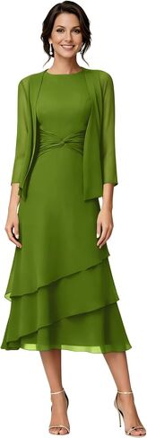 2 Pieces Chiffon Mother of The Bride Dresses Tea Length Long Sleeve Ruffle Formal Evening Dresses with Jacket LJ371 in Saudi Arabia