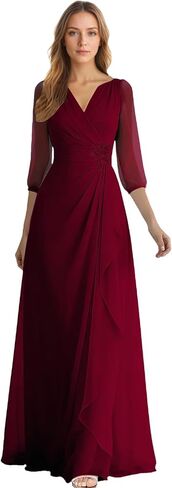 Chiffon Long Mother of The Bride Dresses 3/4 Sleeve V Neck Ruffle A Line Formal Evening Gown WT019 in Saudi Arabia