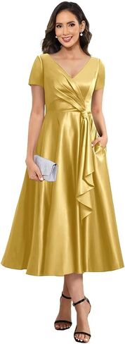Satin Mother of the Bride Dresses Tea Length Short Sleeve Formal Evening Gown with Pockets in Saudi Arabia