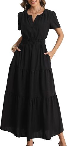 Rainday Womens Casual Maxi Dresses Fashion Holiday Short Sleeved Elastic Waist Beach Boho Dress with Pockets in Saudi Arabia