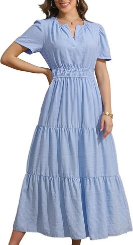 Rainday Womens Casual Maxi Dresses Fashion Holiday Short Sleeved Elastic Waist Beach Boho Dress with Pockets in Saudi Arabia