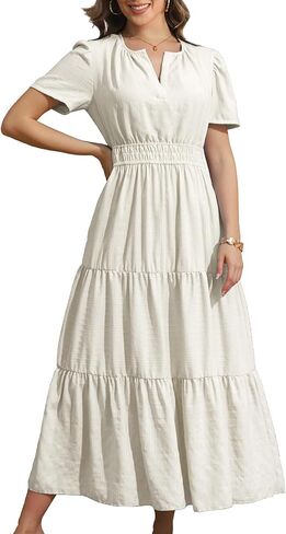 Rainday Womens Casual Maxi Dresses Fashion Holiday Short Sleeved Elastic Waist Beach Boho Dress with Pockets in Saudi Arabia