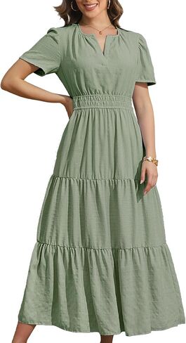 Rainday Womens Casual Maxi Dresses Fashion Holiday Short Sleeved Elastic Waist Beach Boho Dress with Pockets in Saudi Arabia