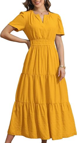 Rainday Womens Casual Maxi Dresses Fashion Holiday Short Sleeved Elastic Waist Beach Boho Dress with Pockets in Saudi Arabia