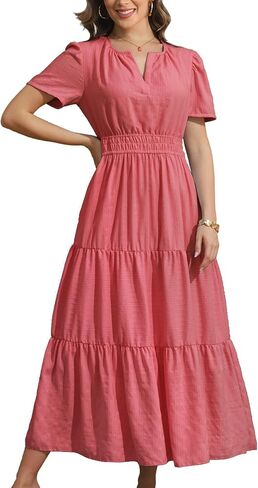 Rainday Womens Casual Maxi Dresses Fashion Holiday Short Sleeved Elastic Waist Beach Boho Dress with Pockets in Saudi Arabia