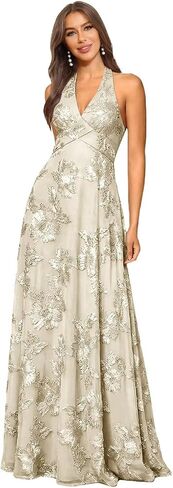Jacquard Floral Lace Bridesmaid Dresses for Women Long A-Line Open Back Halter Formal Gown in Saudi Arabia
