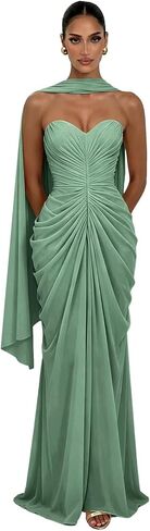 Strapless Chiffon Bridesmaid Dress with Scarf Pleated Prom Evening Formal Gown for Wedding in Saudi Arabia