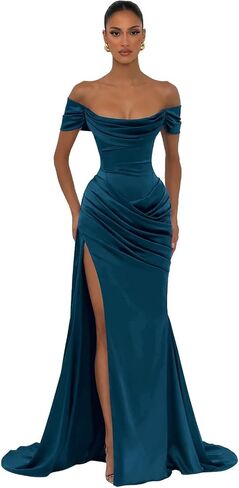 Off the Shoulder Satin Bridesmaid Dresses Mermaid Slit Prom Evening Gown for Wedding Formal in Saudi Arabia