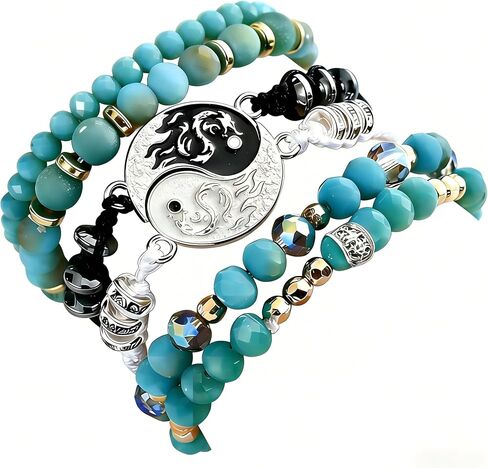Yin Yang Dragon Beaded Bracelet Set, Teal Crystal and Black Beads, Boho Stackable Style.Bohemian Turquoise Beaded Bracelet Set for Women, Yin Yang Charm Healing Crystal Bracelets, Multi-Layer Stackable Yoga Jewelry for Protection and Calming Energy,Packag in Saudi Arabia