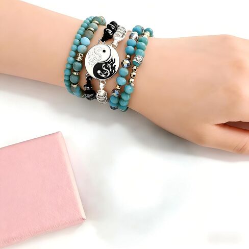 Yin Yang Dragon Beaded Bracelet Set, Teal Crystal and Black Beads, Boho Stackable Style.Bohemian Turquoise Beaded Bracelet Set for Women, Yin Yang Charm Healing Crystal Bracelets, Multi-Layer Stackable Yoga Jewelry for Protection and Calming Energy,Packag in Saudi Arabia