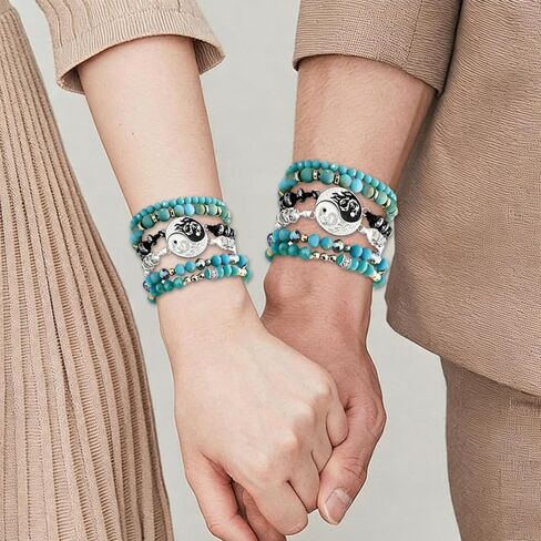 Yin Yang Dragon Beaded Bracelet Set, Teal Crystal and Black Beads, Boho Stackable Style.Bohemian Turquoise Beaded Bracelet Set for Women, Yin Yang Charm Healing Crystal Bracelets, Multi-Layer Stackable Yoga Jewelry for Protection and Calming Energy,Packag in Saudi Arabia