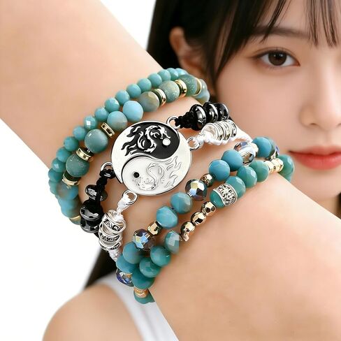 Yin Yang Dragon Beaded Bracelet Set, Teal Crystal and Black Beads, Boho Stackable Style.Bohemian Turquoise Beaded Bracelet Set for Women, Yin Yang Charm Healing Crystal Bracelets, Multi-Layer Stackable Yoga Jewelry for Protection and Calming Energy,Packag in Saudi Arabia