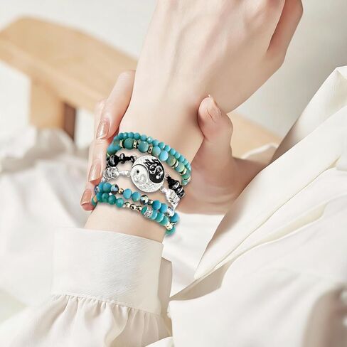 Yin Yang Dragon Beaded Bracelet Set, Teal Crystal and Black Beads, Boho Stackable Style.Bohemian Turquoise Beaded Bracelet Set for Women, Yin Yang Charm Healing Crystal Bracelets, Multi-Layer Stackable Yoga Jewelry for Protection and Calming Energy,Packag in Saudi Arabia