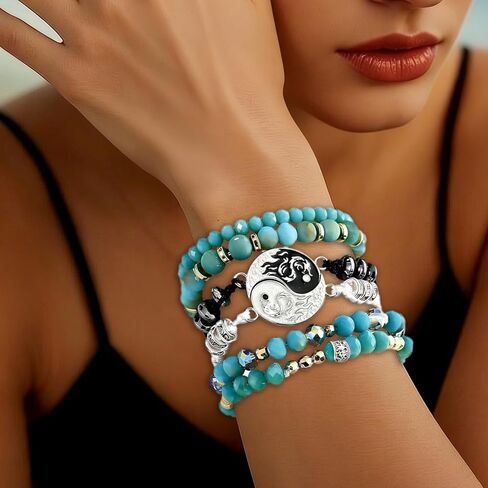Yin Yang Dragon Beaded Bracelet Set, Teal Crystal and Black Beads, Boho Stackable Style.Bohemian Turquoise Beaded Bracelet Set for Women, Yin Yang Charm Healing Crystal Bracelets, Multi-Layer Stackable Yoga Jewelry for Protection and Calming Energy,Packag in Saudi Arabia