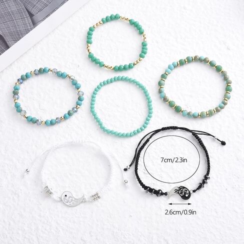 Yin Yang Dragon Beaded Bracelet Set, Teal Crystal and Black Beads, Boho Stackable Style.Bohemian Turquoise Beaded Bracelet Set for Women, Yin Yang Charm Healing Crystal Bracelets, Multi-Layer Stackable Yoga Jewelry for Protection and Calming Energy,Packag in Saudi Arabia
