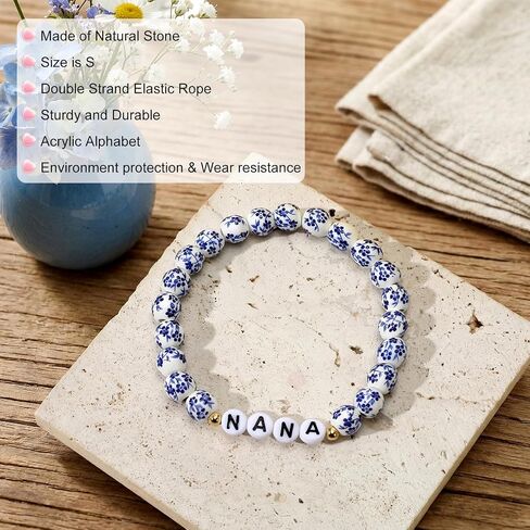 سوار الخرز الأبيض الأزرق، أساور شقرا السيراميك مع الحروف، أساور الخرز للنساء، هدايا عيد الميلاد/عيد الأم in Kuwait
