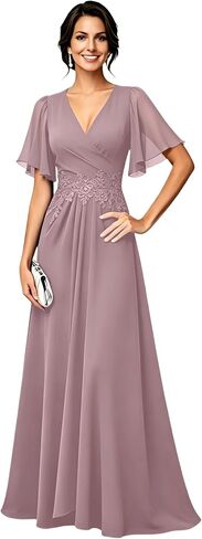 Chiffon Long Mother of The Bride Dresses Short Sleeve V Neck A Line Lace Appliques Elegant Formal Evening Dresses LJ376 in Saudi Arabia