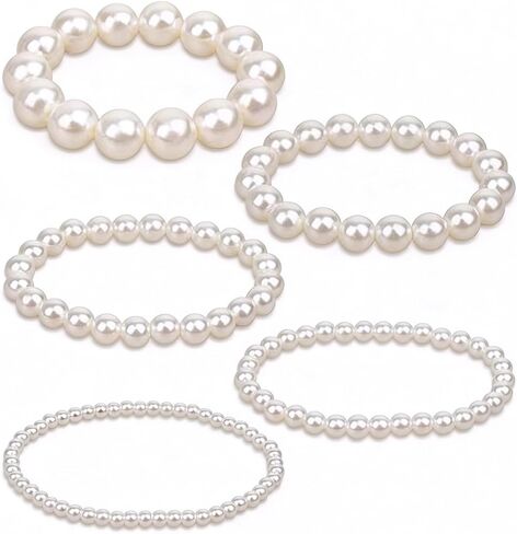 5Pcs Simulated Pearl Beaded Bracelet Set, White Stackable Stretch Elastic Bracelets, Multilayered Round Bead Jewelry for Wedding Bridal and Formal Events in Saudi Arabia