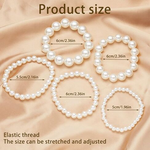 5Pcs Simulated Pearl Beaded Bracelet Set, White Stackable Stretch Elastic Bracelets, Multilayered Round Bead Jewelry for Wedding Bridal and Formal Events in Saudi Arabia