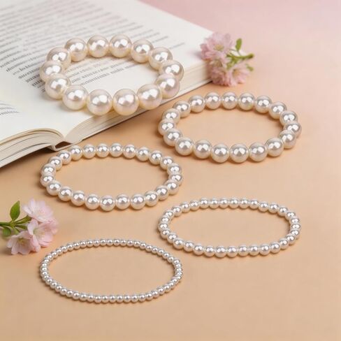5Pcs Simulated Pearl Beaded Bracelet Set, White Stackable Stretch Elastic Bracelets, Multilayered Round Bead Jewelry for Wedding Bridal and Formal Events in Saudi Arabia