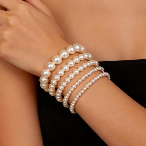 5Pcs Simulated Pearl Beaded Bracelet Set, White Stackable Stretch Elastic Bracelets, Multilayered Round Bead Jewelry for Wedding Bridal and Formal Events in Saudi Arabia