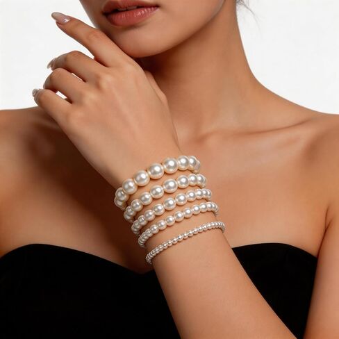 5Pcs Simulated Pearl Beaded Bracelet Set, White Stackable Stretch Elastic Bracelets, Multilayered Round Bead Jewelry for Wedding Bridal and Formal Events in Saudi Arabia