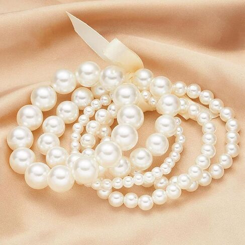 5Pcs Simulated Pearl Beaded Bracelet Set, White Stackable Stretch Elastic Bracelets, Multilayered Round Bead Jewelry for Wedding Bridal and Formal Events in Saudi Arabia